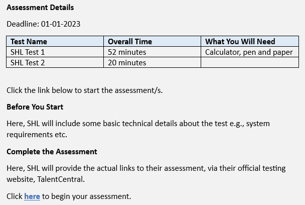 SHL Test Invitation Email