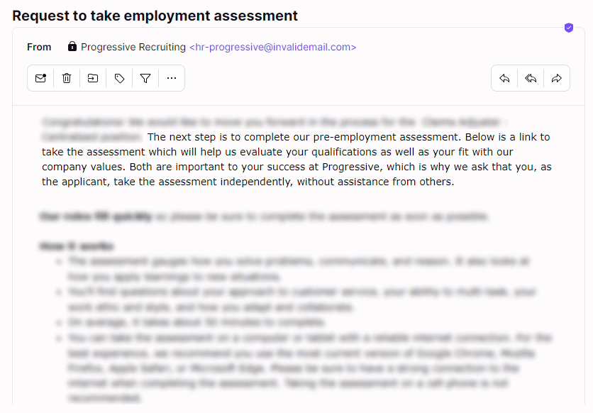 Progressive Pre Employment Assessment Invitation - Edit