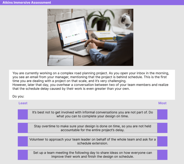 Atkins Immersive Assessment Situational Judgment Question Sample 1