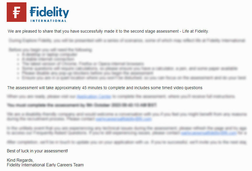 Life at Fidelity Assessment Invitation