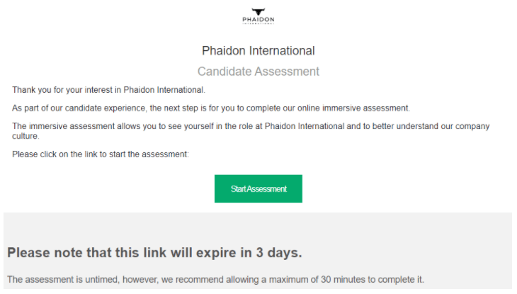 Phaidon International Immersive Assessment Invitation