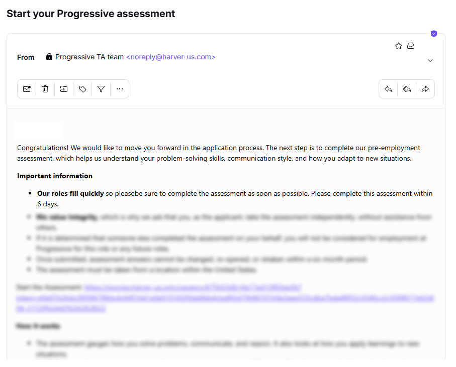 Progressive Pre Employment Test Invitation